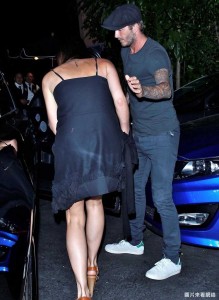 *EXCLUSIVE* david escorts victoria to car and opens the door for her . david had a food stain on shirt.